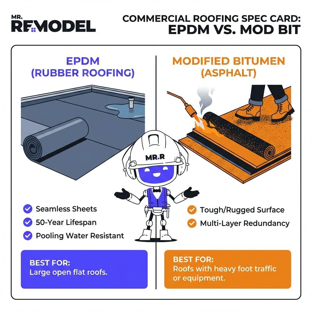 A comparison card for flat roof materials. EPDM Rubber is highlighted for its seamless sheets and lifespan, while Modified Bitumen is noted for its toughness and durability under foot traffic.